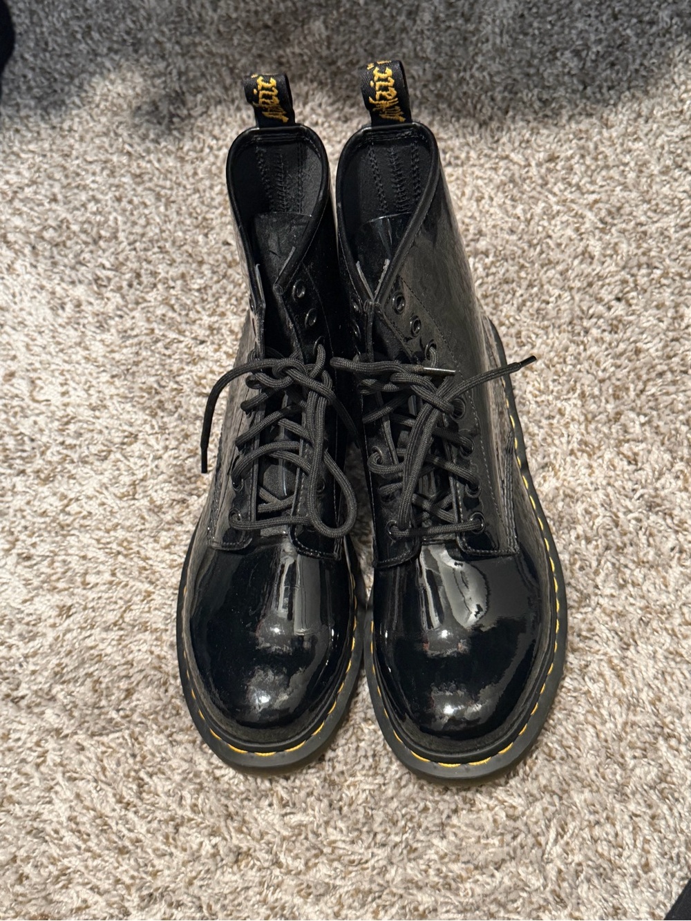 Dr. Martens Womans Black Patent Lace-Up Combat Boots with Yellow Stitching